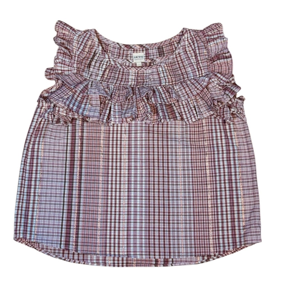 La‎ Vie Rebecca Taylor Lurex Plaid Ruffle Top S Pink Coquette Fairycore Boho EUC